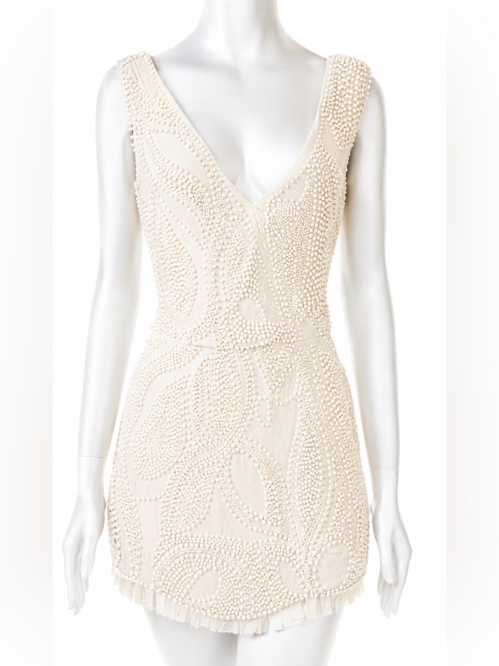 CECILIA DE BUCOURT XS NEW Pearl-Embellished Cream V-Neck Dress